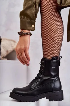 Sale Boto Skórzane Ocieplane Botki Sznurowane Czarne Ritta