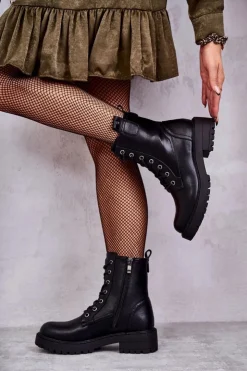 Sale Boto Skórzane Ocieplane Botki Sznurowane Czarne Ritta