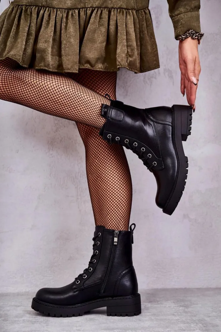 Sale Boto Skórzane Ocieplane Botki Sznurowane Czarne Ritta