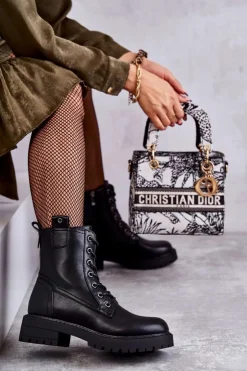 Sale Boto Skórzane Ocieplane Botki Sznurowane Czarne Ritta