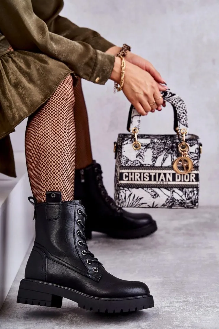 Sale Boto Skórzane Ocieplane Botki Sznurowane Czarne Ritta