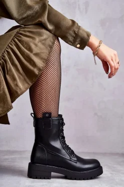 Sale Boto Skórzane Ocieplane Botki Sznurowane Czarne Ritta