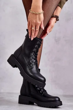 Sale Boto Skórzane Ocieplane Botki Sznurowane Czarne Ritta