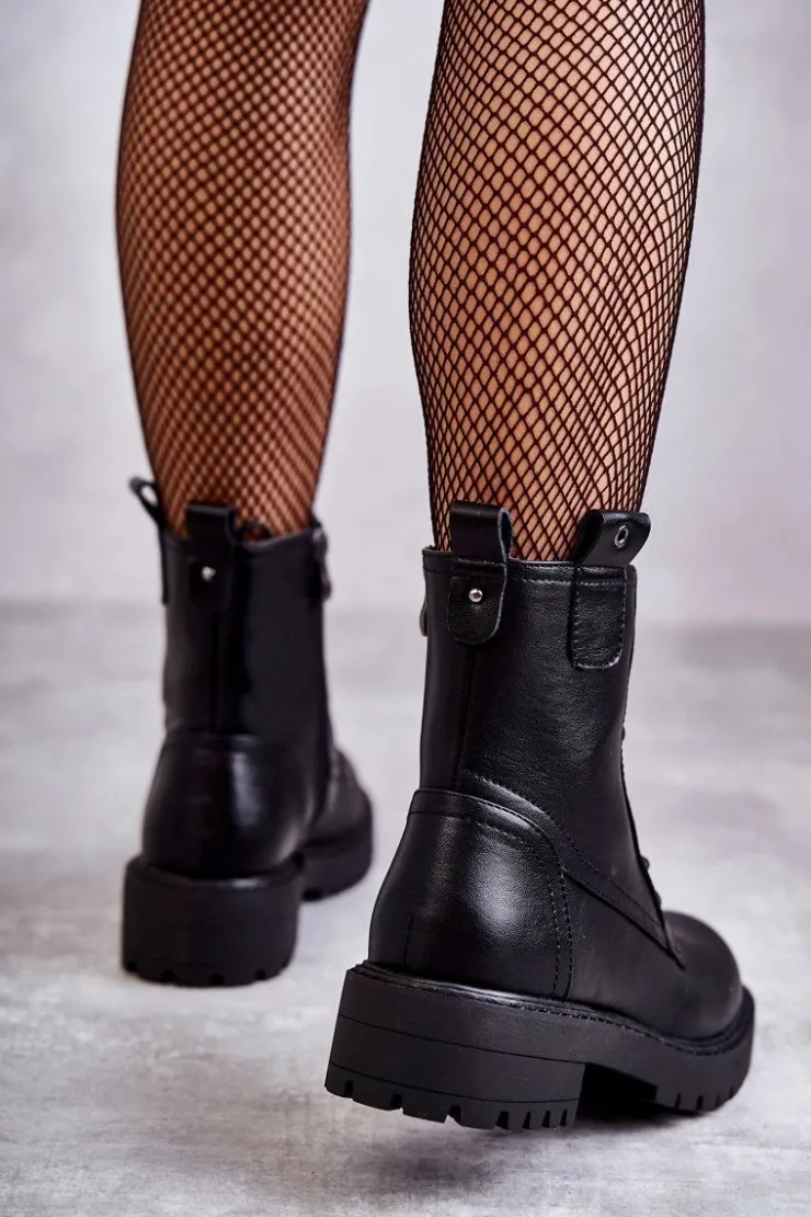 Sale Boto Skórzane Ocieplane Botki Sznurowane Czarne Ritta