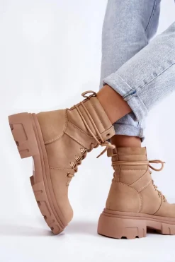 Damskie Evento Skórzane Ocieplane Botki Sznurowane Beżowe Merisha