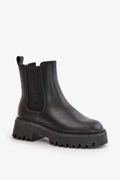 Damskie Big Star Shoes Skórzane Ocieplane Botki Sztyblety Damskie Big Star OO274A386 Czarne