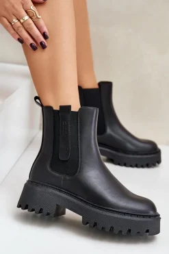 Damskie Big Star Shoes Skórzane Ocieplane Botki Sztyblety Damskie Big Star OO274A386 Czarne