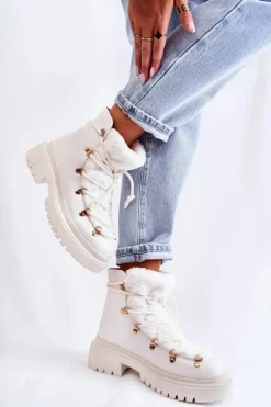 Boto Damskie Trapery|Botki Sznurowane*Skórzane Ocieplane Botki Trapery Białe Arisa