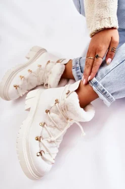 Boto Damskie Trapery|Botki Sznurowane*Skórzane Ocieplane Botki Trapery Białe Arisa