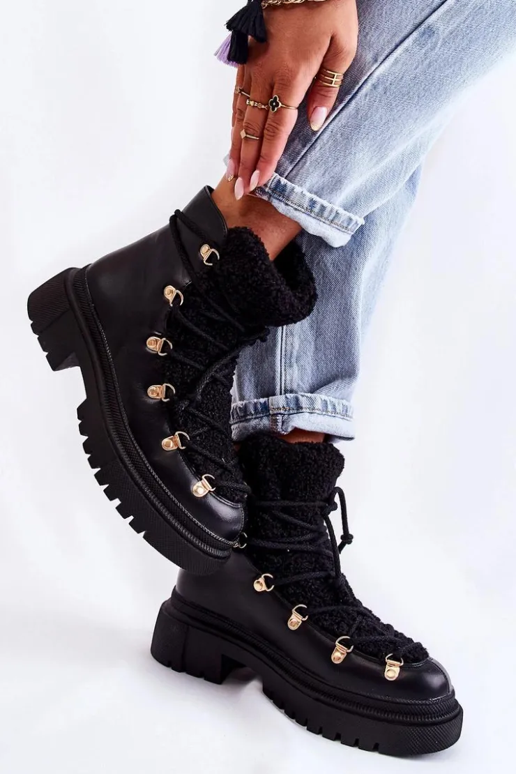Damskie Boto Skórzane Ocieplane Botki Trapery Czarne Arisa