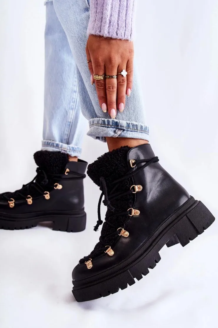 Damskie Boto Skórzane Ocieplane Botki Trapery Czarne Arisa