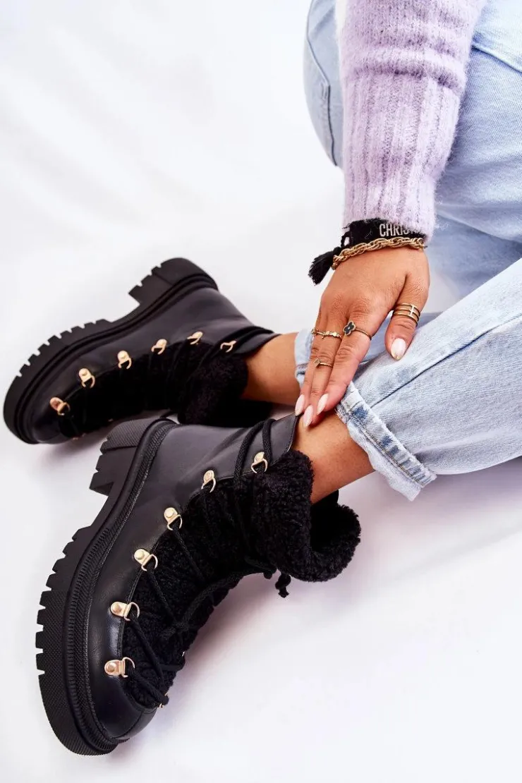 Damskie Boto Skórzane Ocieplane Botki Trapery Czarne Arisa