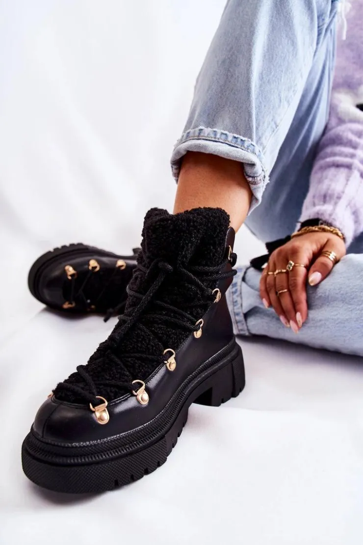 Damskie Boto Skórzane Ocieplane Botki Trapery Czarne Arisa