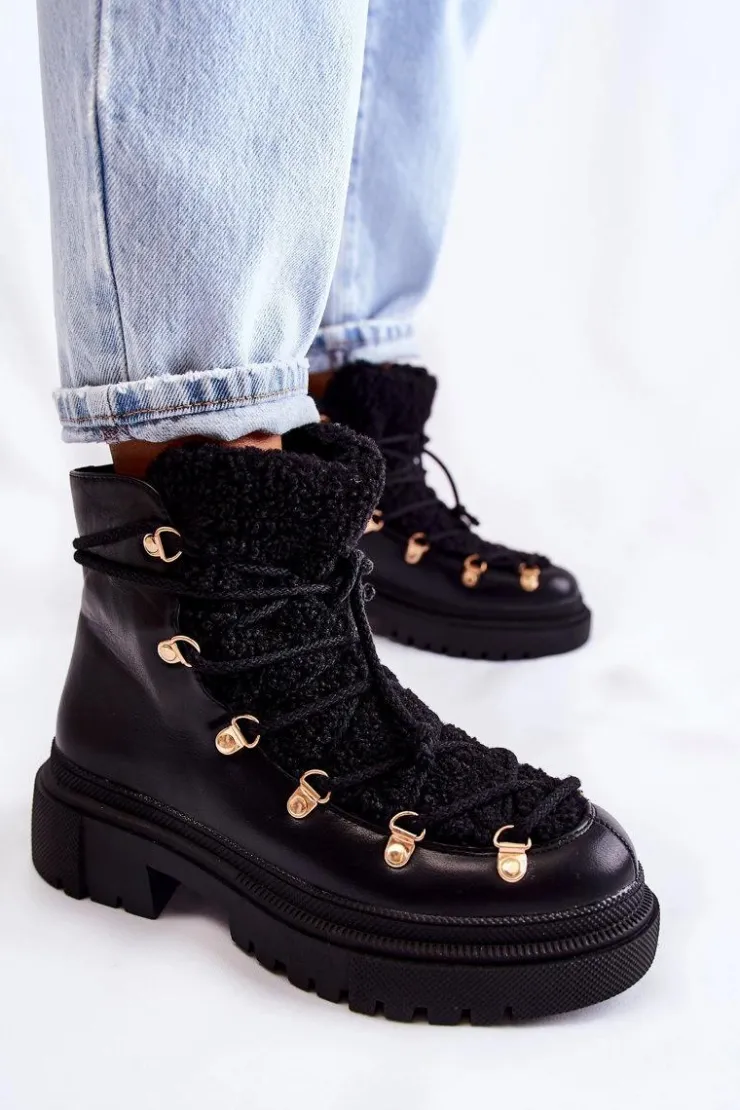 Damskie Boto Skórzane Ocieplane Botki Trapery Czarne Arisa