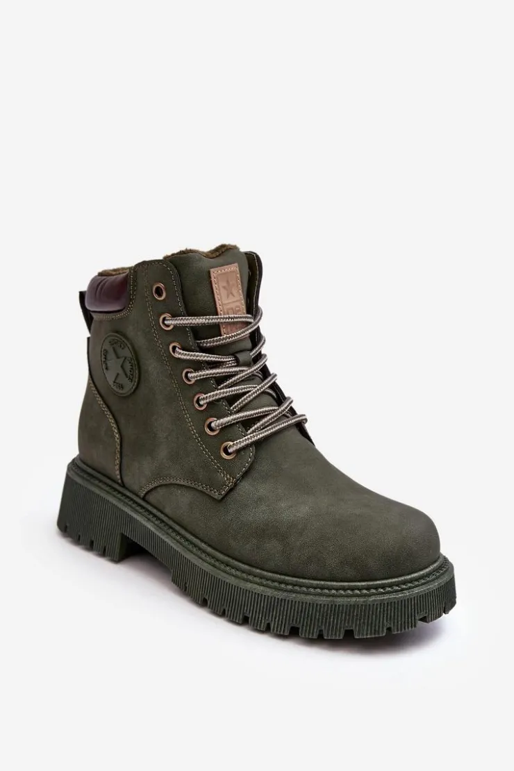 Best Evento Skórzane Ocieplane Botki Trapery Ciemnozielone Felizia