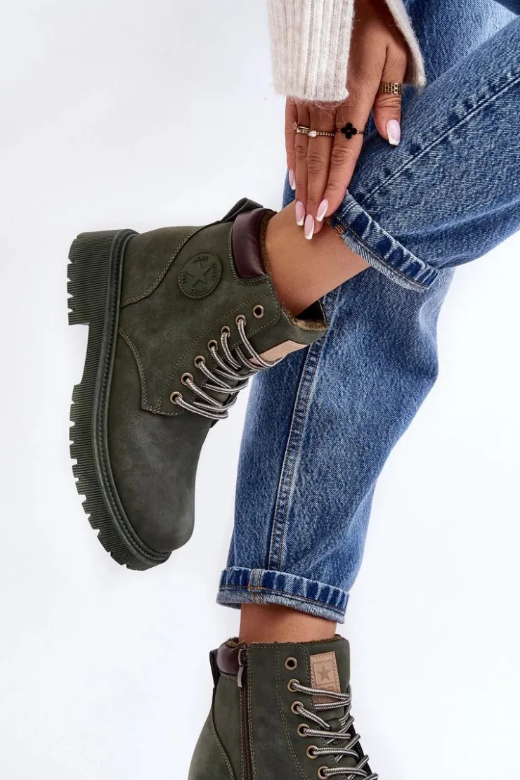 Best Evento Skórzane Ocieplane Botki Trapery Ciemnozielone Felizia