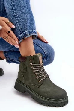 Best Evento Skórzane Ocieplane Botki Trapery Ciemnozielone Felizia