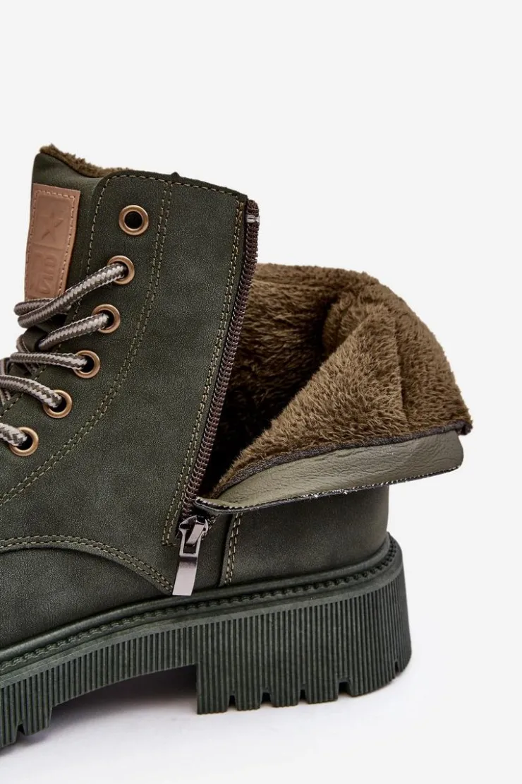 Best Evento Skórzane Ocieplane Botki Trapery Ciemnozielone Felizia