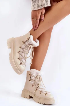 Boto Damskie Trapery|Botki Sznurowane*Skórzane Ocieplane Botki Trapery Jasnobeżowe Arisa