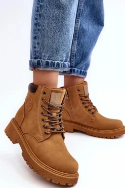 Damskie Evento Skórzane Ocieplane Botki Trapery Camel Felizia