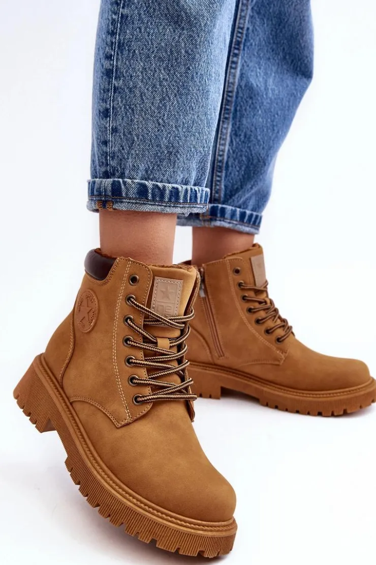 Damskie Evento Skórzane Ocieplane Botki Trapery Camel Felizia