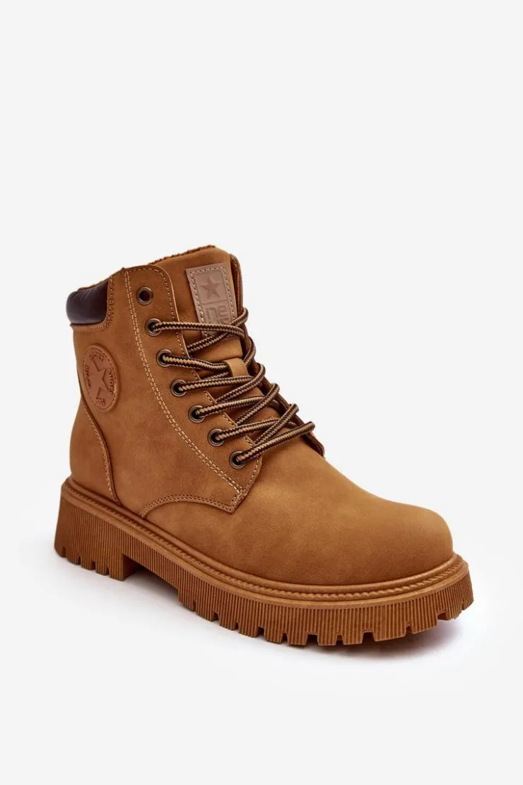 Damskie Evento Skórzane Ocieplane Botki Trapery Camel Felizia