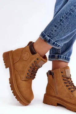 Damskie Evento Skórzane Ocieplane Botki Trapery Camel Felizia