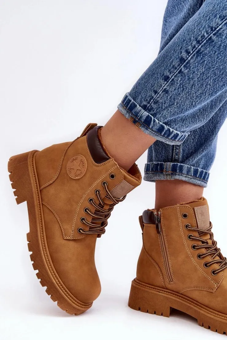 Damskie Evento Skórzane Ocieplane Botki Trapery Camel Felizia