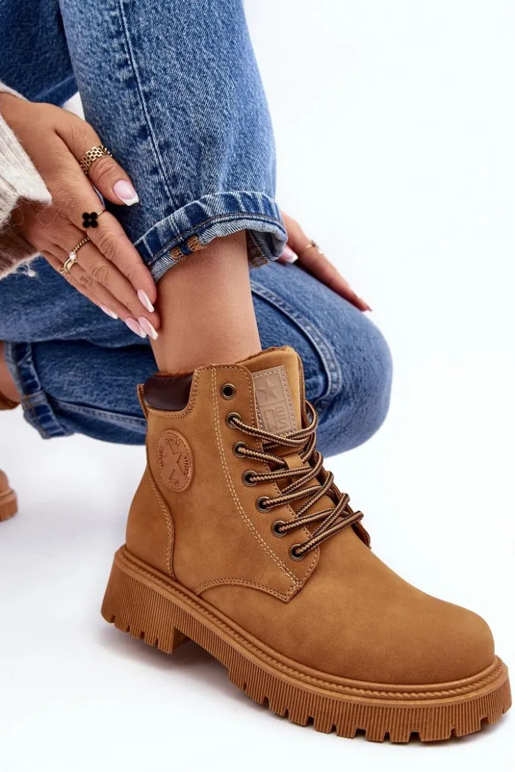 Damskie Evento Skórzane Ocieplane Botki Trapery Camel Felizia