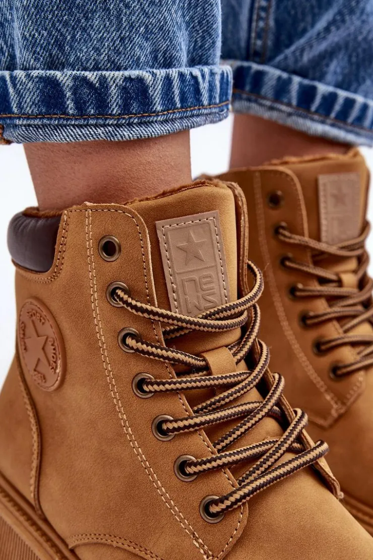 Damskie Evento Skórzane Ocieplane Botki Trapery Camel Felizia