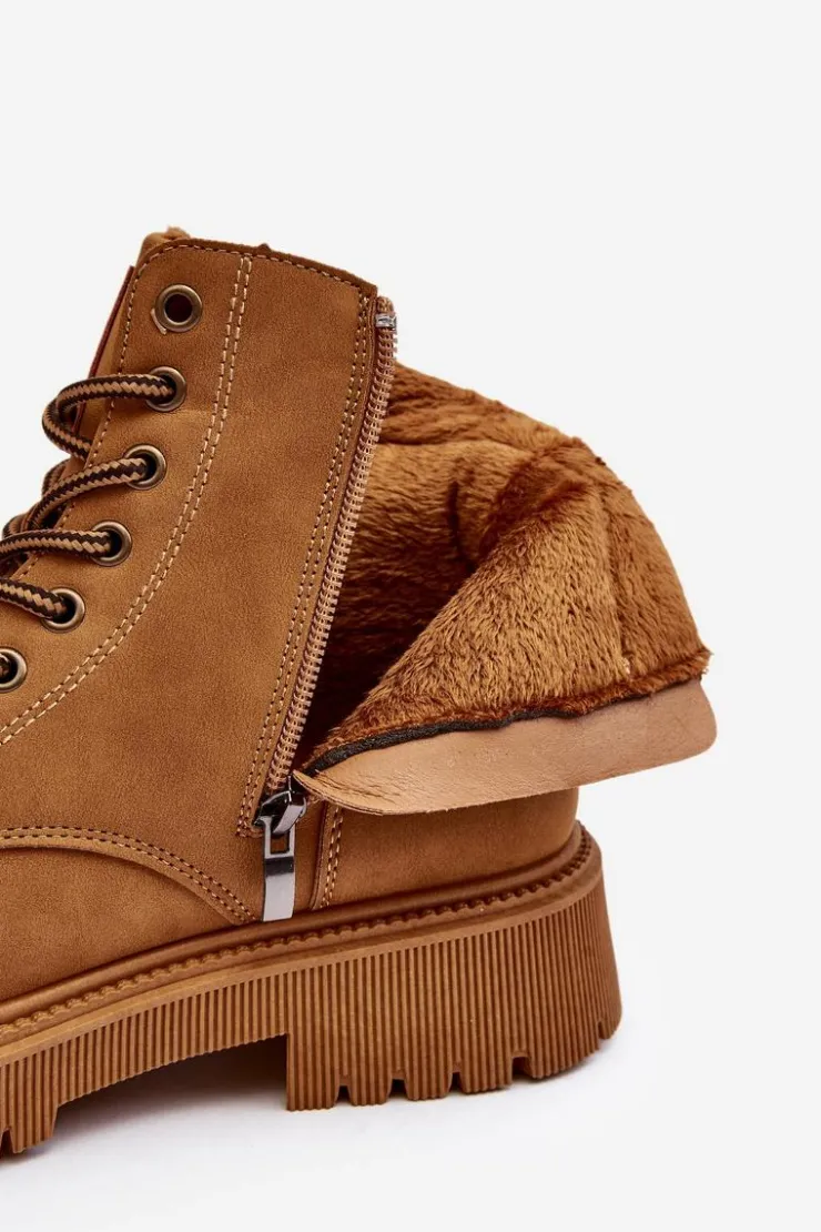 Damskie Evento Skórzane Ocieplane Botki Trapery Camel Felizia