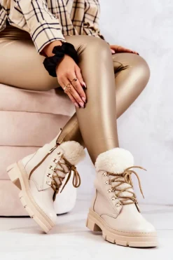 Boto Damskie Trapery|Botki Sznurowane*Skórzane Ocieplane Botki Trapery Beżowe Molissa