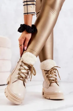 Boto Damskie Trapery|Botki Sznurowane*Skórzane Ocieplane Botki Trapery Beżowe Molissa