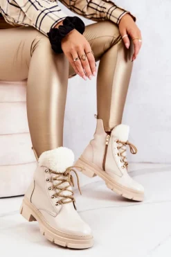 Boto Damskie Trapery|Botki Sznurowane*Skórzane Ocieplane Botki Trapery Beżowe Molissa