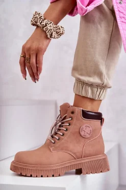 Clearance Evento Skórzane Ocieplane Botki Trapery Różowe Felizia