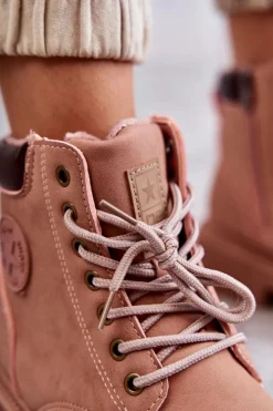 Clearance Evento Skórzane Ocieplane Botki Trapery Różowe Felizia