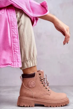 Clearance Evento Skórzane Ocieplane Botki Trapery Różowe Felizia