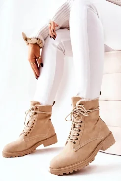 Damskie Boto Skórzane Ocieplane Botki Workery Beżowe Kimmie