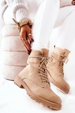 Damskie Boto Skórzane Ocieplane Botki Workery Beżowe Kimmie