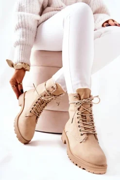 Damskie Boto Skórzane Ocieplane Botki Workery Beżowe Kimmie