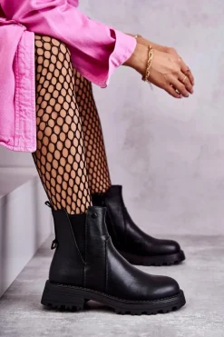 Damskie Boto Skórzane Ocieplane Botki Workery Na Płaskim Obcasie Czarne Salome