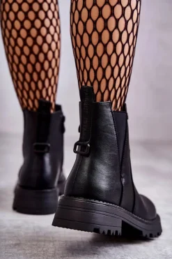 Damskie Boto Skórzane Ocieplane Botki Workery Na Płaskim Obcasie Czarne Salome