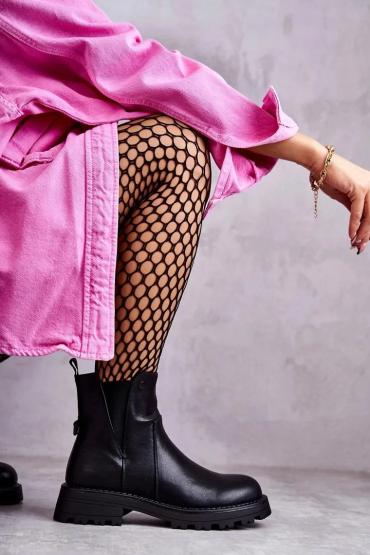 Damskie Boto Skórzane Ocieplane Botki Workery Na Płaskim Obcasie Czarne Salome