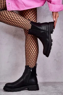 Damskie Boto Skórzane Ocieplane Botki Workery Na Płaskim Obcasie Czarne Salome