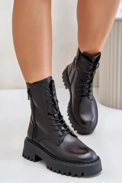 Big Star Shoes Skórzane Ocieplane Botki Workery Damskie Big Star OO274A387 Czarne