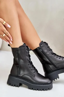 Big Star Shoes Skórzane Ocieplane Botki Workery Damskie Big Star OO274A387 Czarne