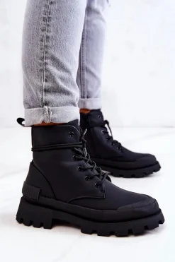 Boto Botki Sznurowane|Czarne Botki*Skórzane Ocieplane Botki Wiązane Czarne Racquell