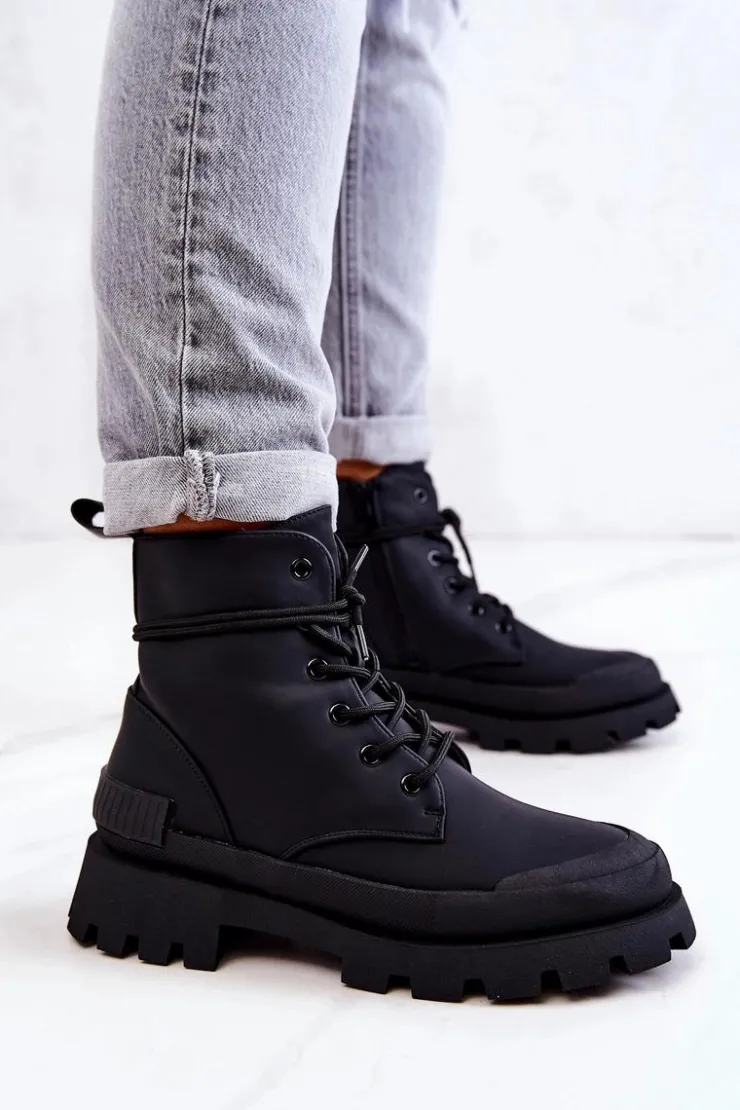 Boto Botki Sznurowane|Czarne Botki*Skórzane Ocieplane Botki Wiązane Czarne Racquell