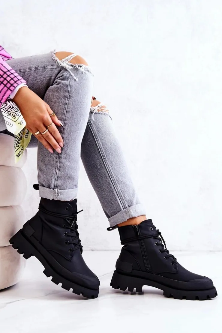 Boto Botki Sznurowane|Czarne Botki*Skórzane Ocieplane Botki Wiązane Czarne Racquell