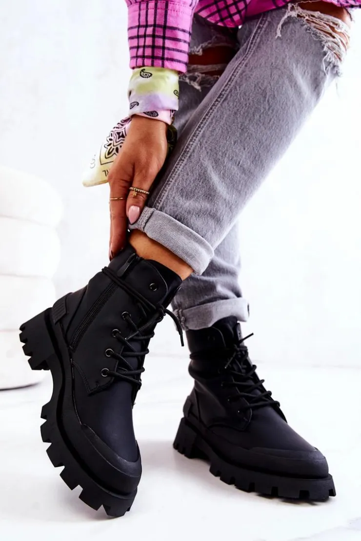 Boto Botki Sznurowane|Czarne Botki*Skórzane Ocieplane Botki Wiązane Czarne Racquell